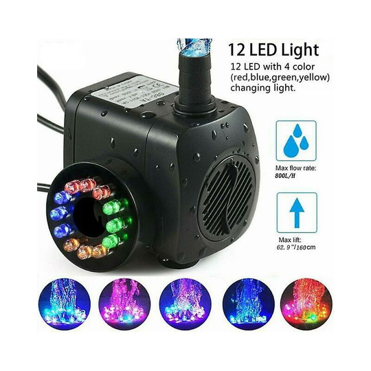 Perle Rare - 15w 800l/h fountain pump, pond pump, fountain pump, garden pump, fountain pump with 12 LEDs