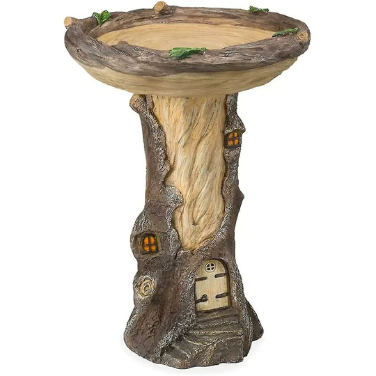 Resin Bird Bath For Outdoors, Full Size Fairy Garden Birdbath With Miniature Fairy House In a Tree Stump Hand Painted All Weather Wood Look Resin