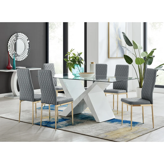 Chowchilla Large Rectangular Dining Table And 6 Grey Gold Leg Chairs
