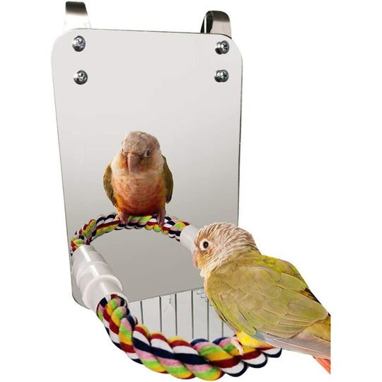 Bird Mirror Toy with Rope Perch Parrot Bite Toy with Large Mirror Parrot Claw Bird Cage Perches Mirror Chew Toy for Cockatiels