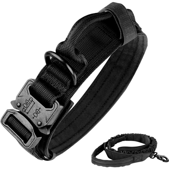 Tactical Dog Collar Adjustable K9 Nylon Military Dog Collar Heavy Duty Metal Buckle with Handle, Tactical Elastic Leash (xl, Black)