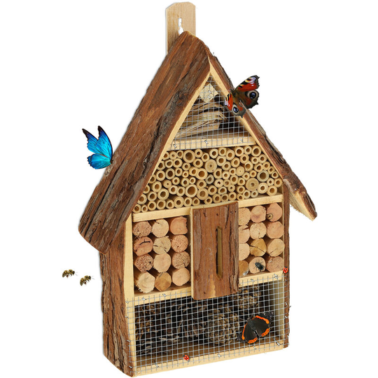 Insect hotel, house-shaped bee nesting box, with different materials, for the garden or terrace, natural wood - Relaxdays