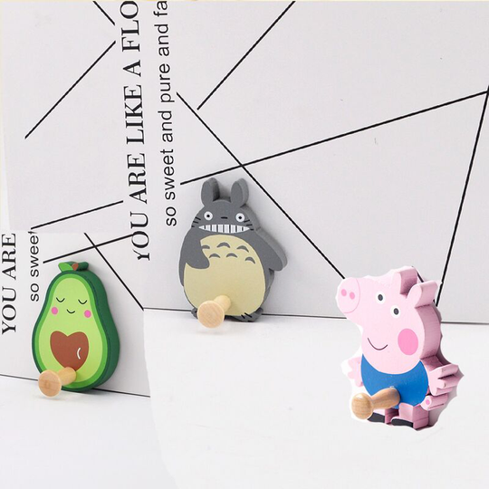 3 pieces self-adhesive hooks, wooden hooks can hold 2 kg, chinchilla + little brother pig + avocado, quickly assembled self-adhesive towel hooks