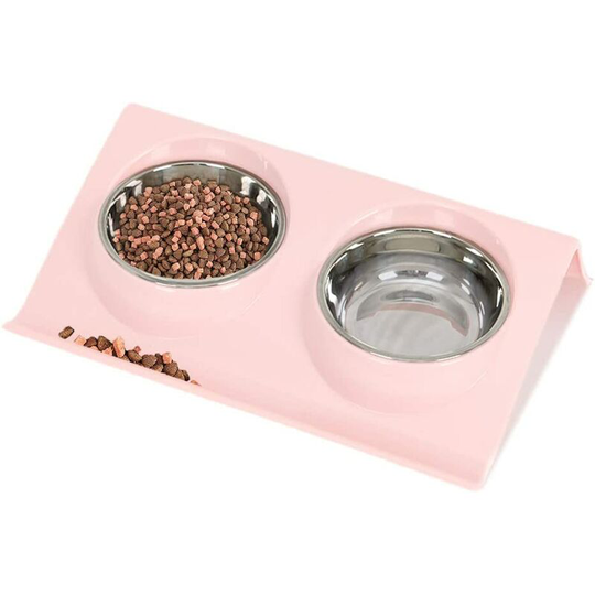 Cat Dog Bowl, Pet Bowl Set, Portable Cat Dog Bowl, Basic Cat Bowl, with Double Stainless Bowls (l, Pink)