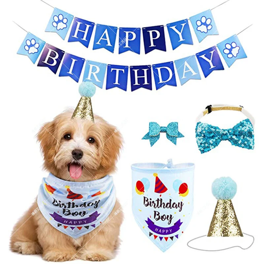 Pet Cat Dog Birthday Bandana Set with Triangle Scarves Hat Bow Tie Banner for Dog or Cat Birthday Party Decor(blue)