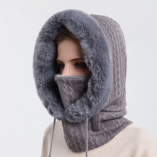 Women's one-piece loose wool beanie scarf mask drawcord warm hooded winter pullover knitted hat (gray)
