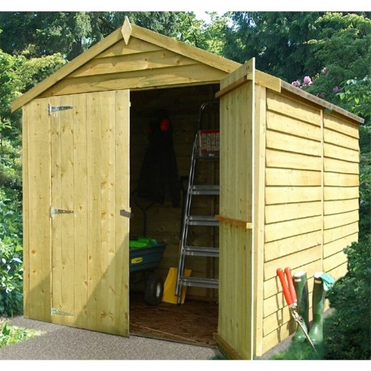 8 x 6 Pressure Treated Overlap Apex Windowless Wooden Garden Shed - Double Doors (11mm Solid Osb Floor)