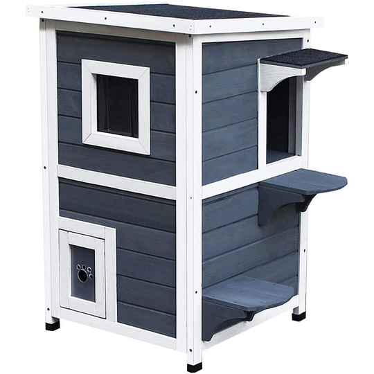 Pawhut - Wood 2-Floor Cat Condo Pet House Kitten Shelter with Window - Gray - Grey