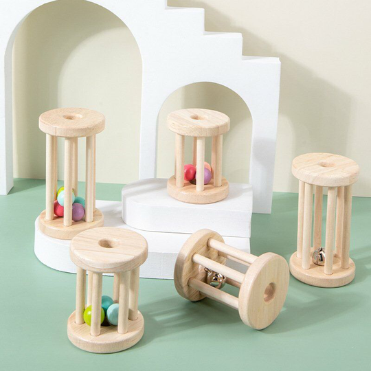 Perle Rare - Montessori Early Education Comfort Toy for Baby, Baby Can Grasp and Chew Five Pole Molar Wooden Hand Rattle