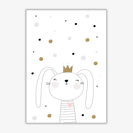 'Scandi Cute Bunny with Crown and Polka Dots' Painting Print