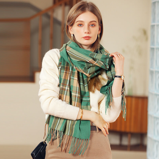 Cashmere like scarf Winter tassel plaid shawl scarf Women's medium length thickened warm scarf, green