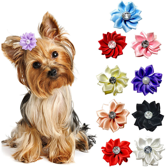 10Pcs Dog Head Flower Jewelry Pet Accessories Head Flower Handmade(Random Color)