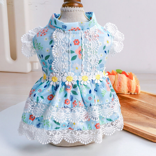 Suitable for small dogs, cats, girls, summer pet beach clothes, cute daisy, emerald flower, princess party, puppy dress, pet floral skirt, blue l,