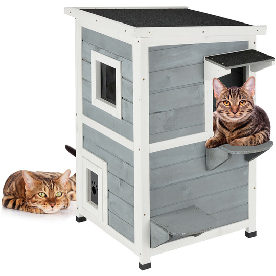Cat House, 2 Floors, Kitten Villa for Garden, 3 Entrances, HxWxD 81.5x63x45.5 cm, Foldable Roof, Grey/White - Relaxdays
