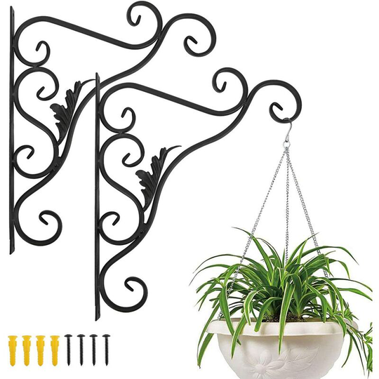 Tinor - Balcony Wall Plant Holder, Set of 2 Retro European Leaf Shape, Wrought Iron Hanging Hook, for Basket Lanterns with Screws, Outdoor Decor for