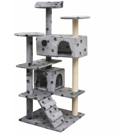 Cat Tree with Sisal Scratching Posts 125 cm Paw Prints Grey VDTD07033 - Topdeal