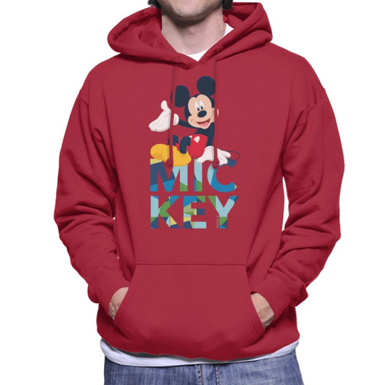 (Medium, Cherry Red) Disney Mickey Mouse Colour Text Men's Hooded Sweatshirt