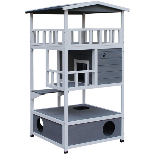 PawHut Cat House 3-Tier w/ Tilted Roof Bottom Tray Elevated Base Waterproof - Grey