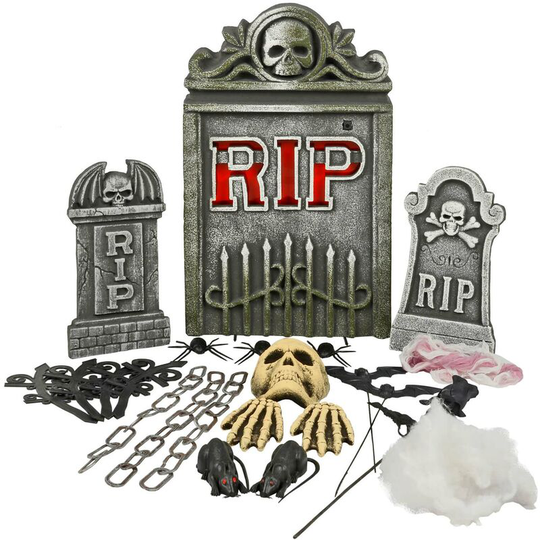 23 Piece Tombstone Set Halloween Decorations Graveyard Props Rats Bats Chains Rose