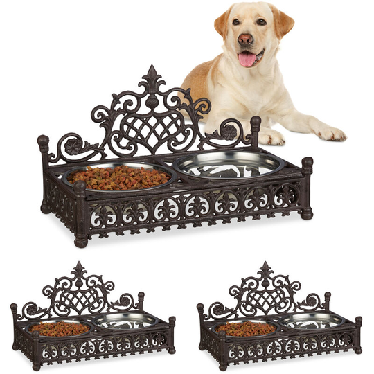 Relaxdays 3x Raised Dog Bowl Station for Dogs, Antique Design, XL Iron Feeder Tray Set, 1 L Stainless Steel Set, Brown