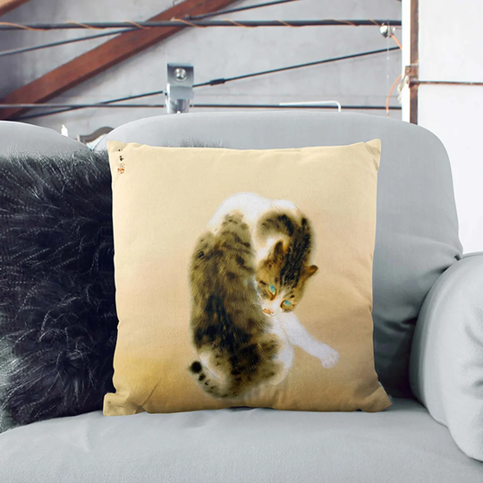 Cat Grooming Itself by Takeuchi Seiho Cushion with Filling