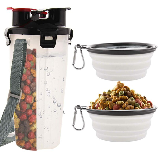 Dog Water Bottle with 2 Collapsible Bowls Portable 2 in 1 Water Bottle and Food for Dogs Cat Pets, Travel Bottle for Walking, Exercising, Hiking,