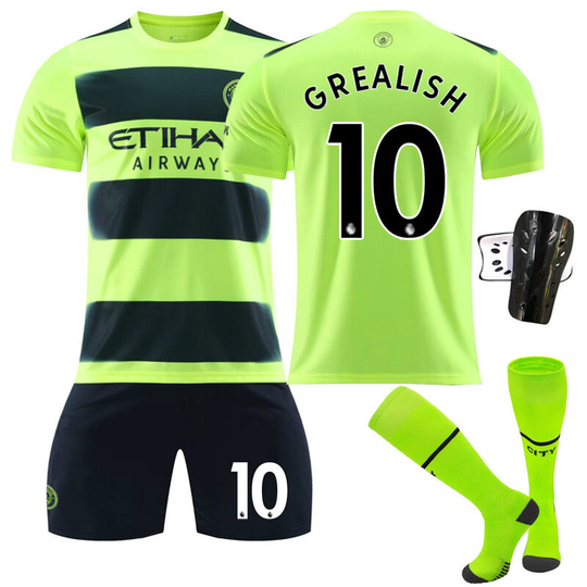 Manchester City 2nd away fluorescent green jersey set No. 10 with socks+protective gear, children's size 22
