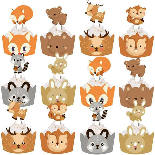 Kartokner - 48pcs Animal Cake Topper, Cake Topper Jungle Party Deco with 48pcs Wrappers Forest Theme Fox Rabbit Raccoon Birthday Party for Boy Girl