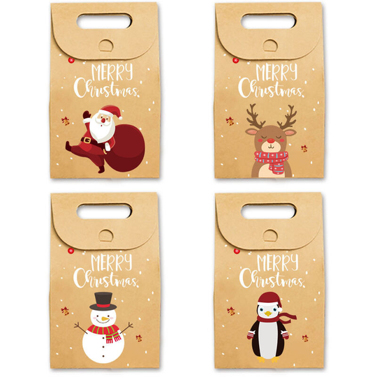 FVO - 20pcs Christmas Kraft Gift Bags, Christmas Candy Cookies Treats Party Paper Boxes Bags Assorted Styles Xmas New Year Holiday Party Treats