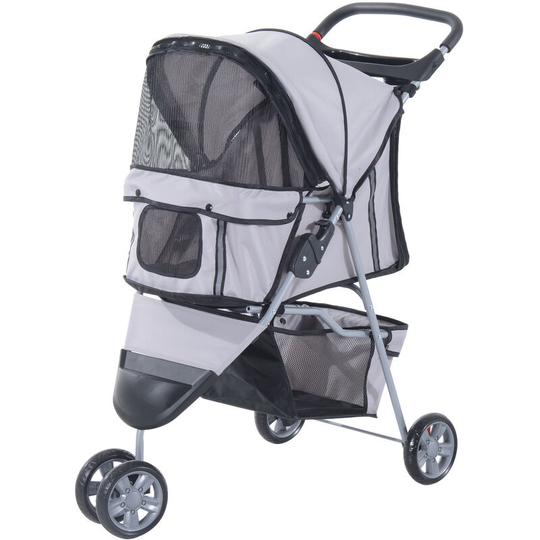 Pet Stroller Pushchair Carrier for Cat Puppy with 3 Wheels Grey - Grey - Pawhut