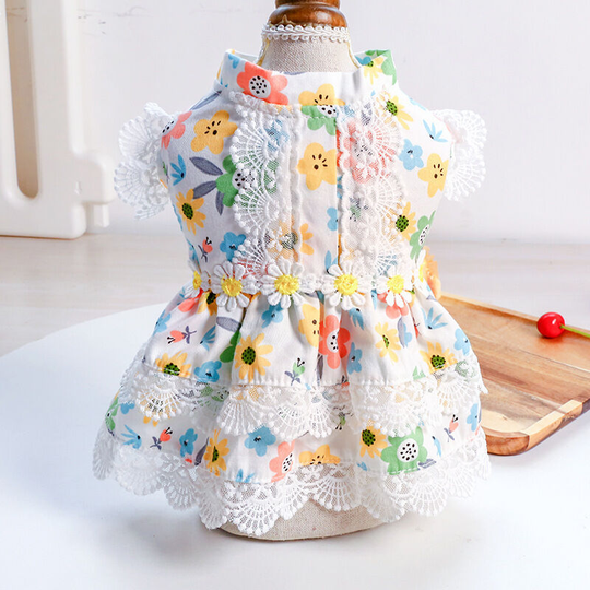 Suitable for small dogs, cats, girls, summer pet beach clothes, cute daisy, emerald flower, princess party, puppy dress, pet floral skirt, white l,
