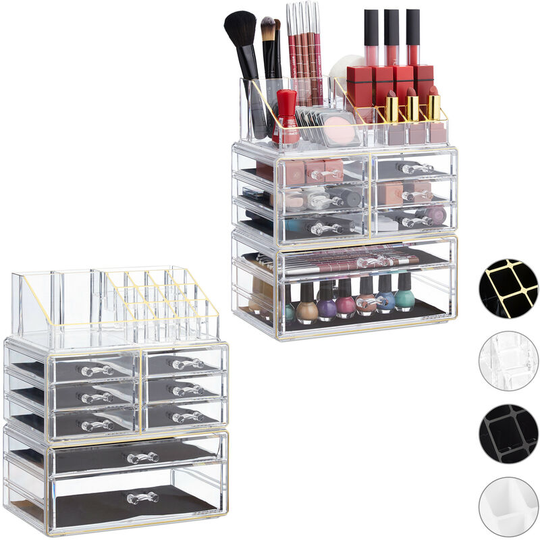 Set of 2 Relaxdays Makeup Organizers with Drawers, Stacking Makeup and Jewellery Box, Acrylic Cosmetic Kit, Clear/Gold