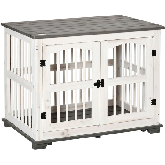 PawHut Wooden Dog Crate Pet Kennel Cage End Table for Small Medium Dogs White - White