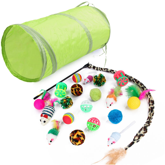 21PCS Cat Toy Kitten Toys Variety Pack Set Including Feather Teaser Fluffy Mouse Crinkle Balls Tunnel Drum for Pet Kitty Puppy Christmas Gift