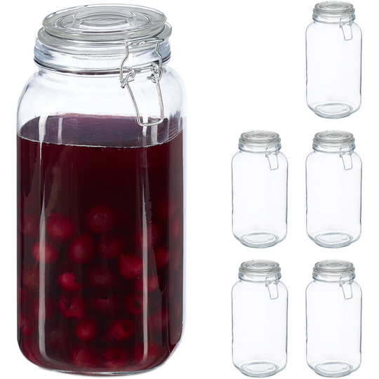 Relaxdays - Set of 6 Clip Top Jars, 2000 ml, Clear Glass, Preserving, Pickling & Pantry Storage, Kitchen, Transparent