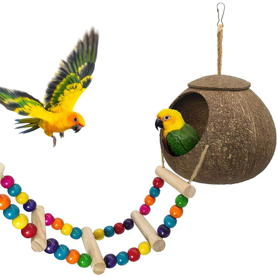Bearsu - Coconut Hanging Birdhouse with Ladder, Natural Coconut Fiber Bird Nest for Parrot Lovebird Parakeet Finch Canary, Hamster Coconut Skin Bird