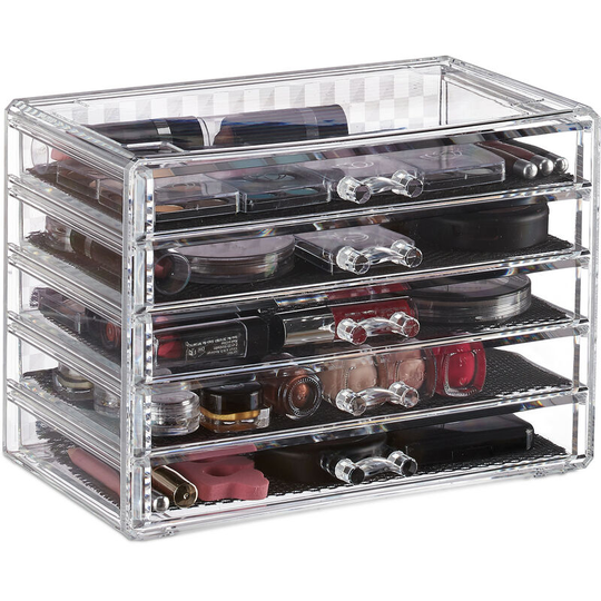Relaxdays - Cosmetic Organiser with 5 Drawers, Acrylic, Dresser for Makeup & Jewellery, Protective Liners, Clear