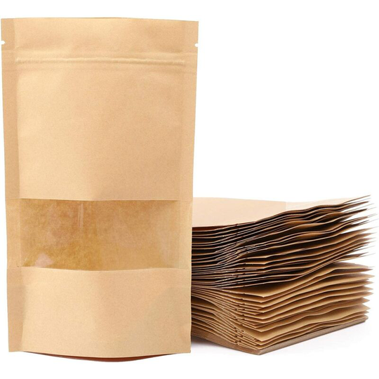 100 kraft paper bags with windows, vertical zipper bags, used to pack cookies and food snacks, 12*20 + 4 frosted kraft leather windows, 28 silk
