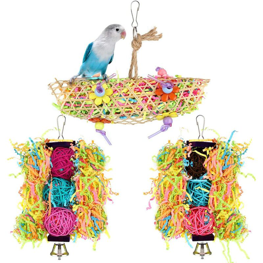 Echoo - Bird Toy Set 3pcs Wooden Hanging Parrot Cage Toy Bell Rope Swing Wooden Hammock with Decorative Hang