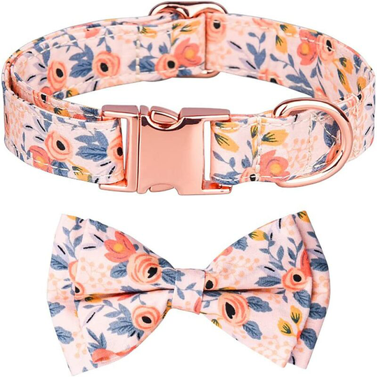 Floral Dog Cat Collar Bowtie,Removeable Flower Bow Soft Cotton Adjustable Pet Collars Rose Gold Metal Buckle for Dogs Cat (L 38-60cm)