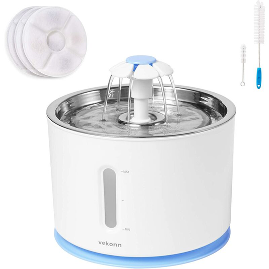 Deckon - Pet Water Dispenser with Stainless Steel Top Cover Water Level Window 2.4L Ultra-Quiet 3 Drinking Methods 3 Filters and Brushes Fountain for