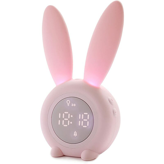 Groofoo - Cute Rabbit Shaped Induction Alarm Clock, Intelligent Automatic Breathing Light Adjustment, Automatic Time/Date/Temperature Display, Voice