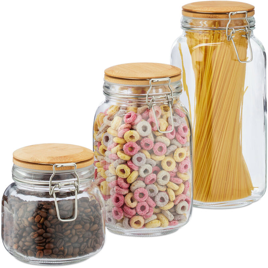 Relaxdays - Set of 3 Storage Jars, Clip Top, Airtight Bamboo Lids, Dry Food, Glass, 2 l, 1.5 l, 750 ml, Transparent