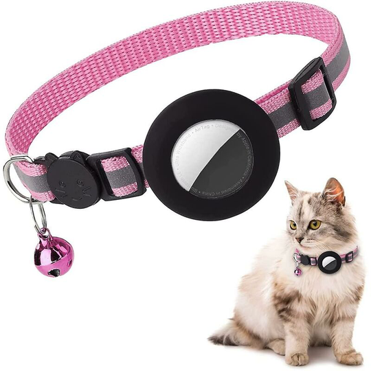 Airtag Cat Collar, Reflective Airtag Cat Collar with Bell and Airtag Silicone Waterproof Holder Pink-Black