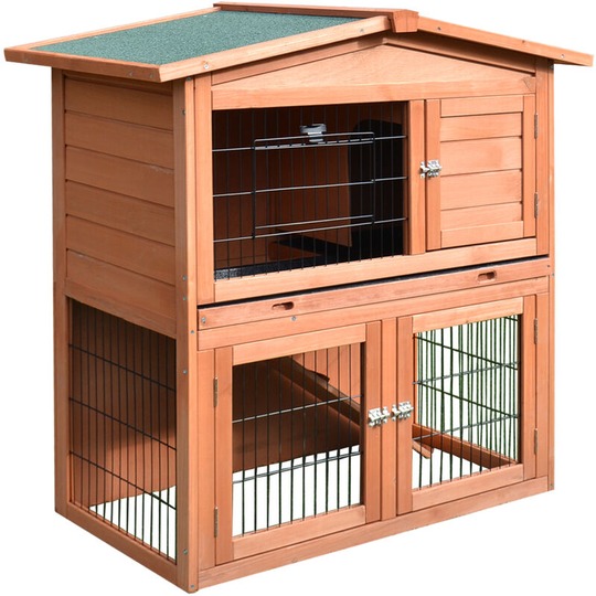 Pawhut - 2 Tier Wooden Rabbit Hutch Guinea Pig Small Animal Cage 100.5x55x101 cm - Natural wood finish