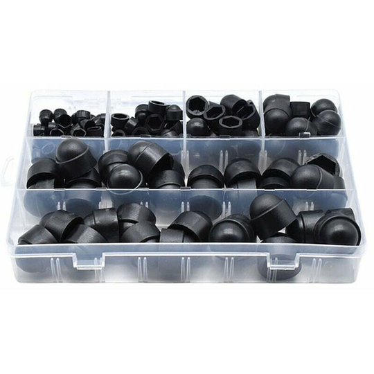 Qersta - 145 Pieces pe Bolt Covers Screw Cap Nut Assortment Kits Insert Locknut Caps for Screws Bolts 6 Sizes Available with Storage Box,Black