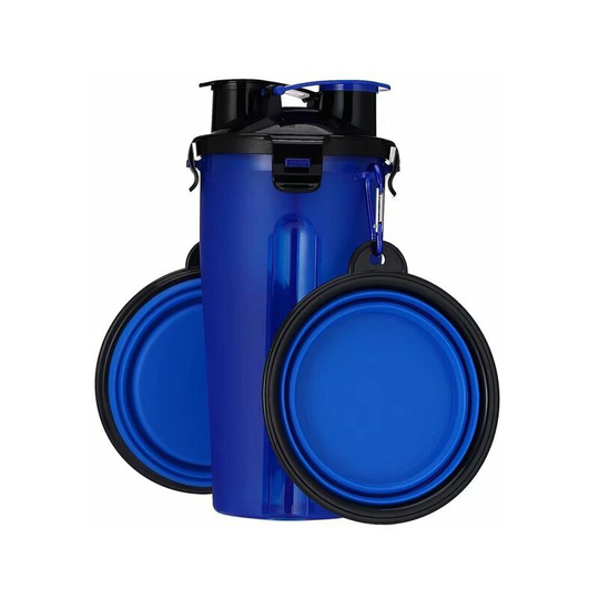 Dog water bottle, 2 in 1, portable, waterproof, for dogs, with 2 collapsible dog bowls, blue Soekavia