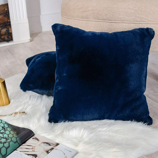 2 Pieces Throw Pillow Covers Decorative Throw Cushion Covers Luxury Soft Faux Rabbit Fur Pillowcases for Sofa and Couch Bed Navy Blue 18 x 18 Inches