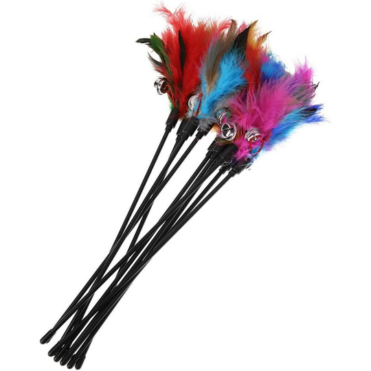 Cat kitten toy for artificial colorful animal feathers Short rod interactive stick Bell Toy set of 5 random color