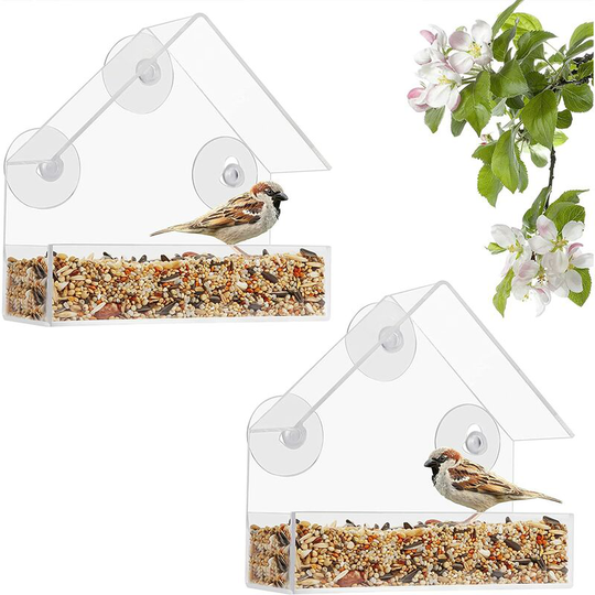 Betterlifegb - Handmade Birds Transparent plastic (set of 2) - Plastic birdhouse / transparent manger with suction cups and seed tray - Watch birds